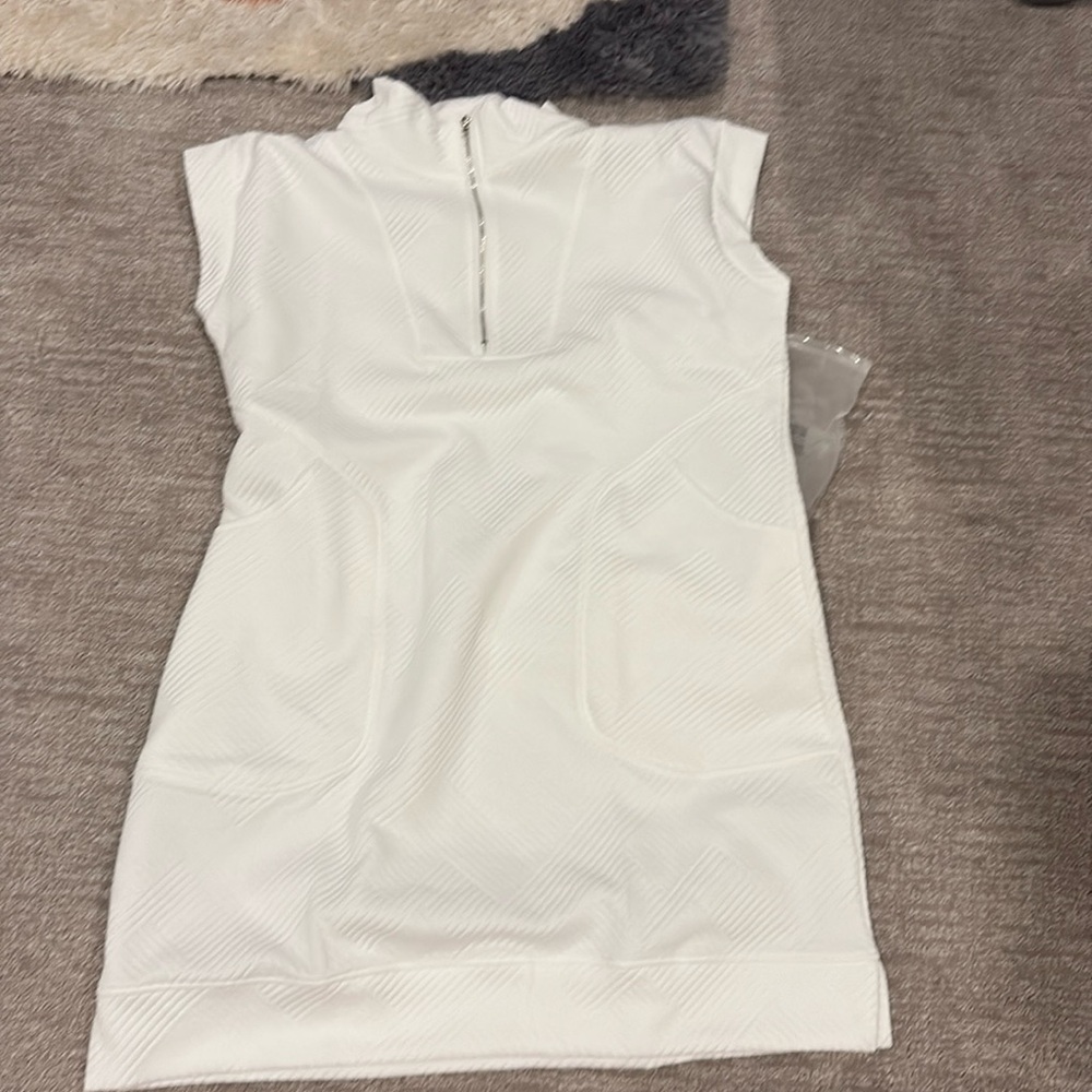 White quilted woven zip neck dress